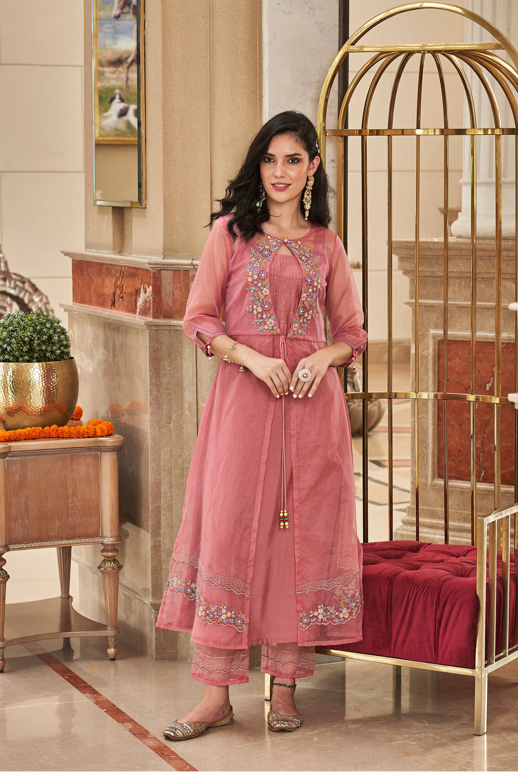 Shamita Carnation Embroidery Designer Organza Jacket Set