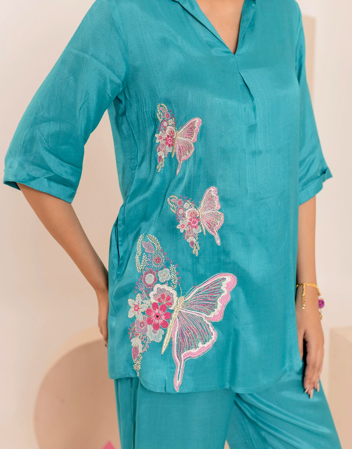 Iti Cyan Embroidery Cotton Co-ord Set