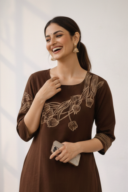 Mishka Coffee Embroidered Kurta Pant Set