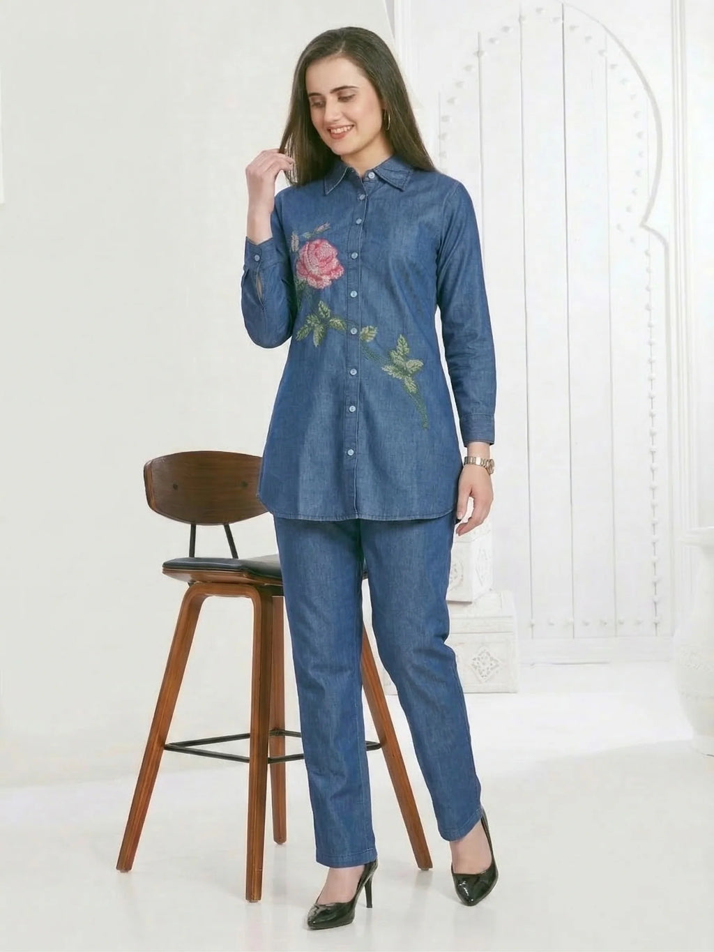 Kipling rose embroidery denim co-ord set