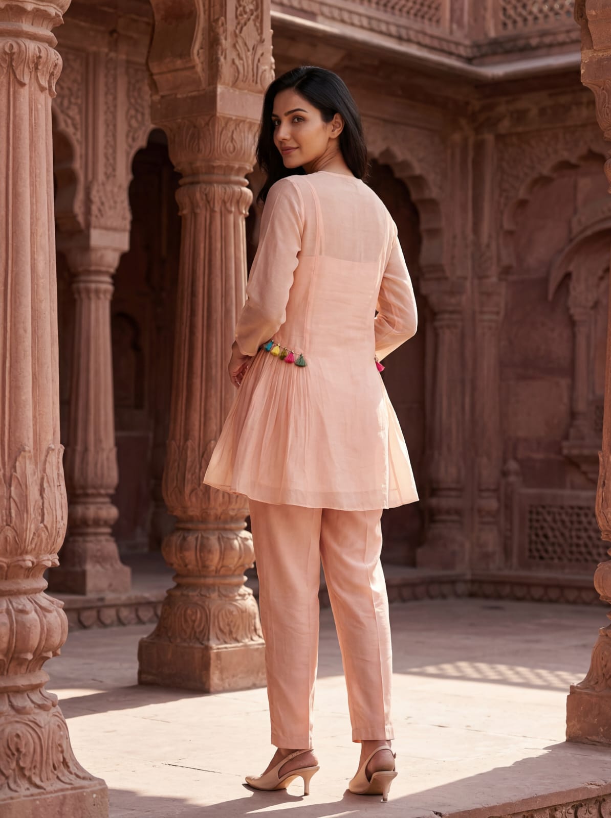 Gaur salmon embroidery cotton co-ord set