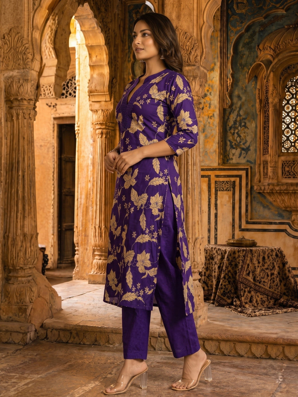 SASHA ORCHID PRINTED COTTON KURTA PANT SET