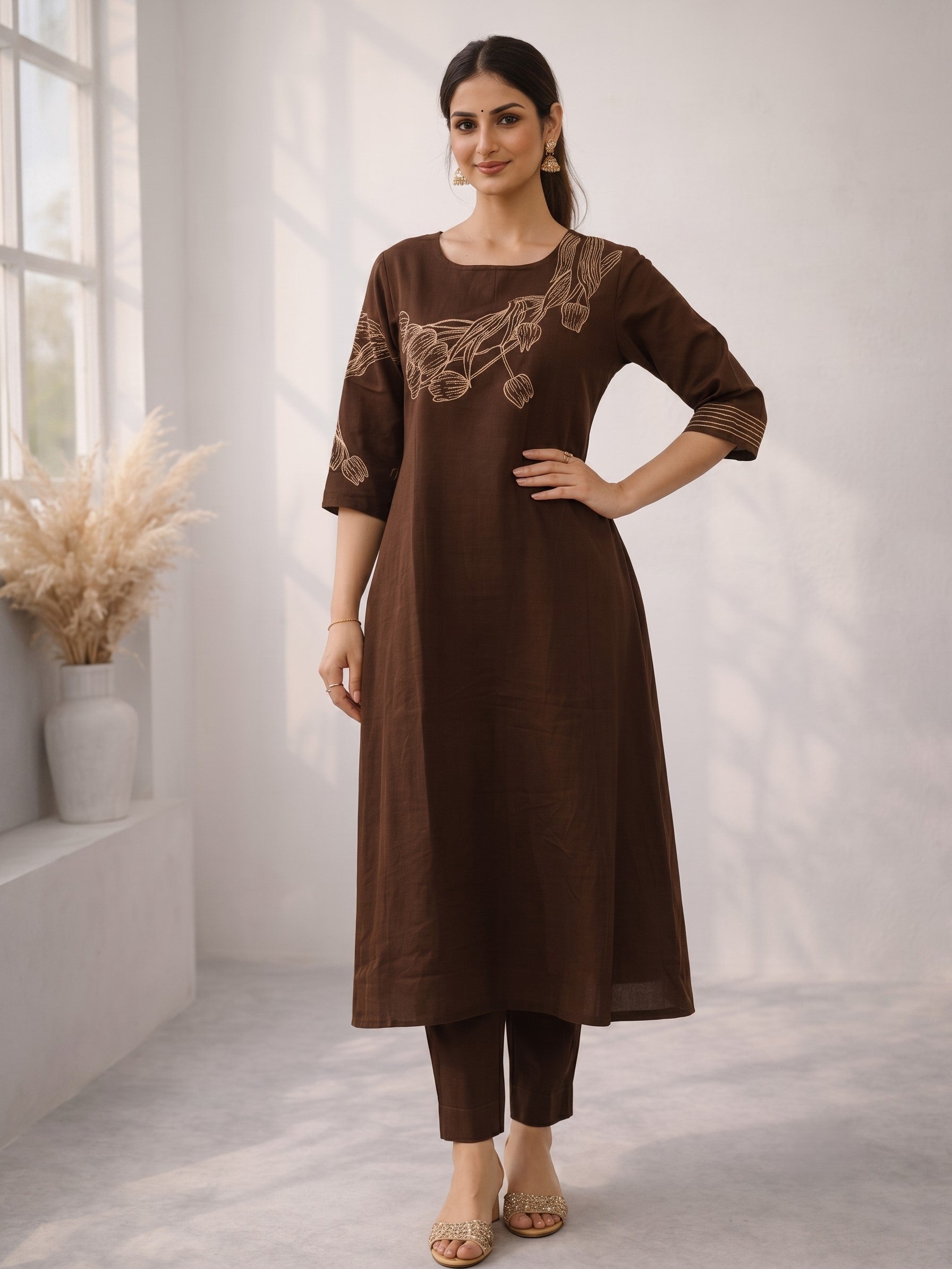 Mishka Coffee Embroidered Kurta Pant Set