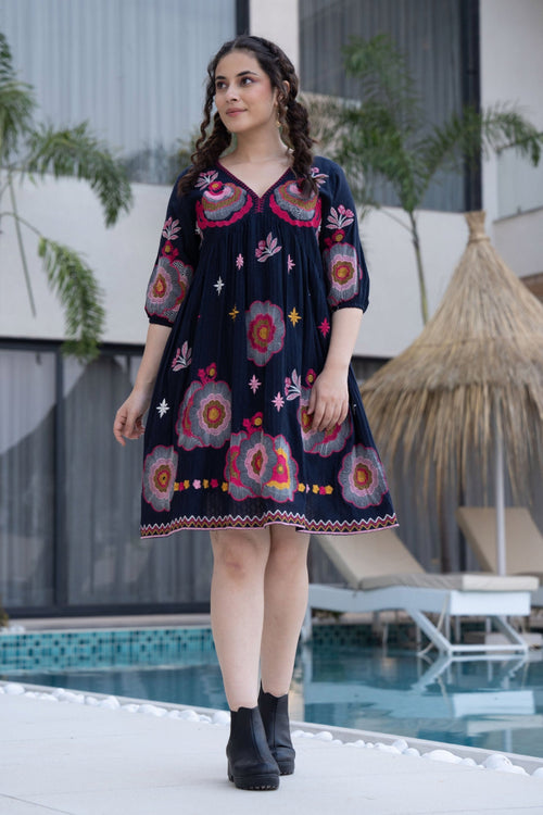 Hemal Azure Cotton Embroidery Dress