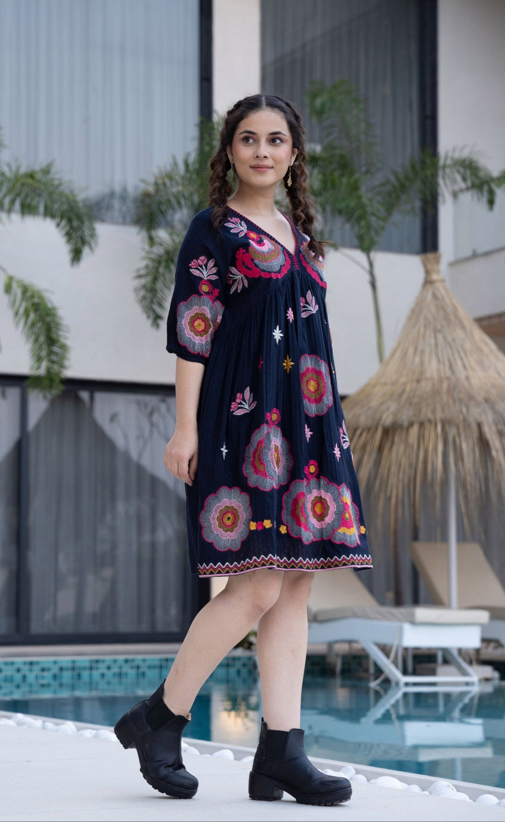 Hemal Azure Cotton Embroidery Dress