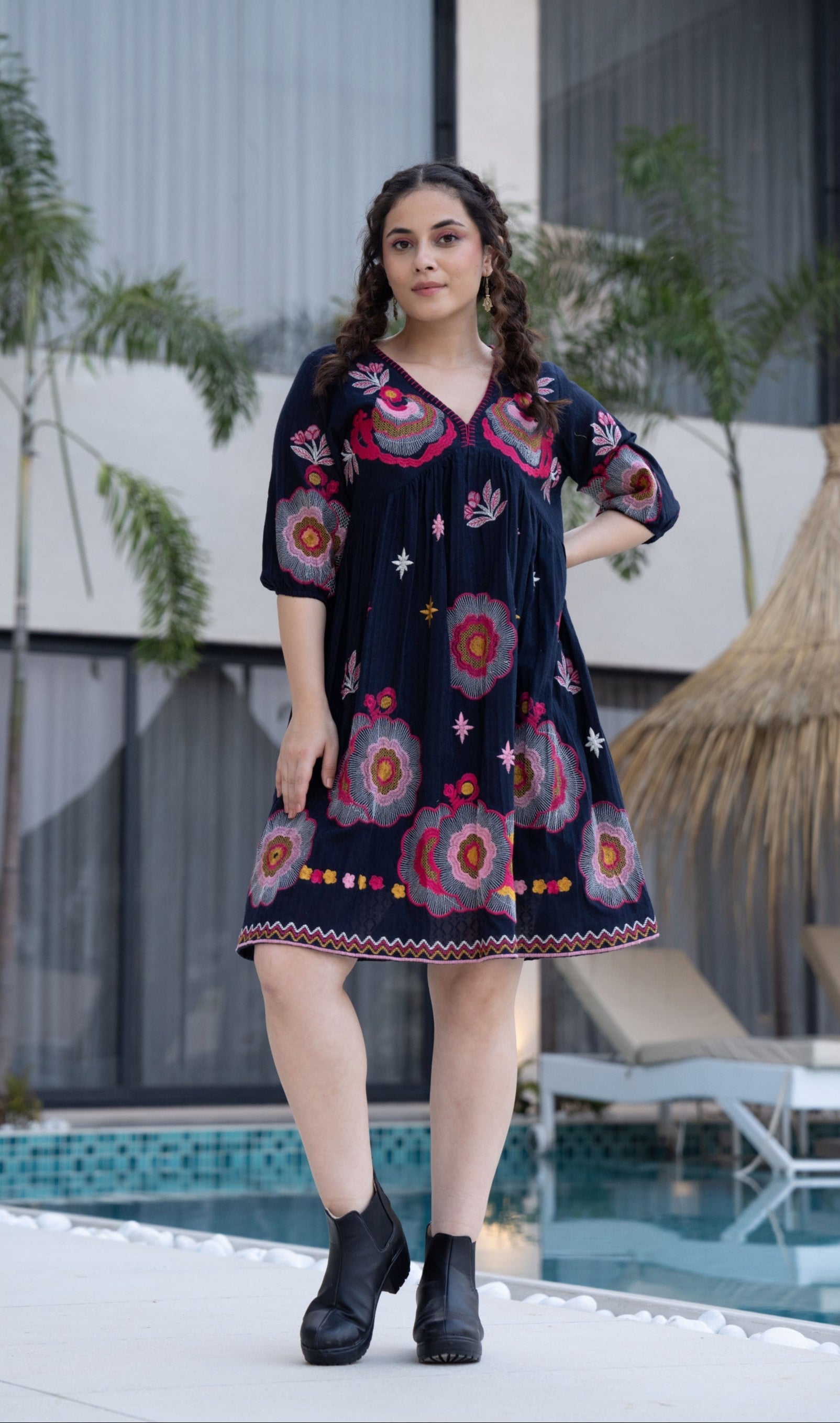Hemal Azure Cotton Embroidery Dress