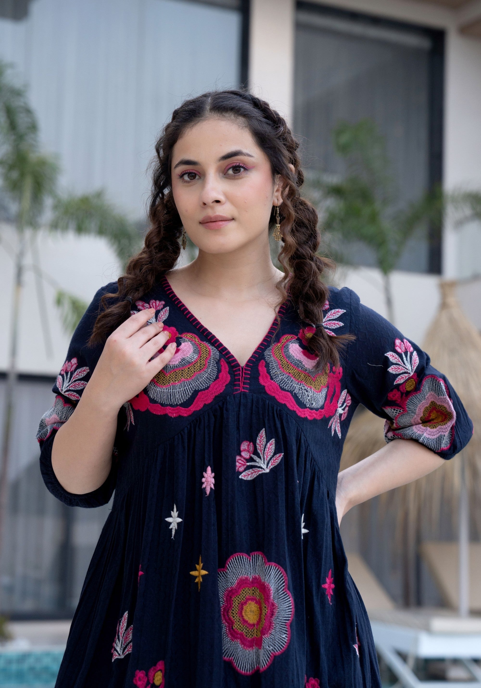 Hemal Azure Cotton Embroidery Dress