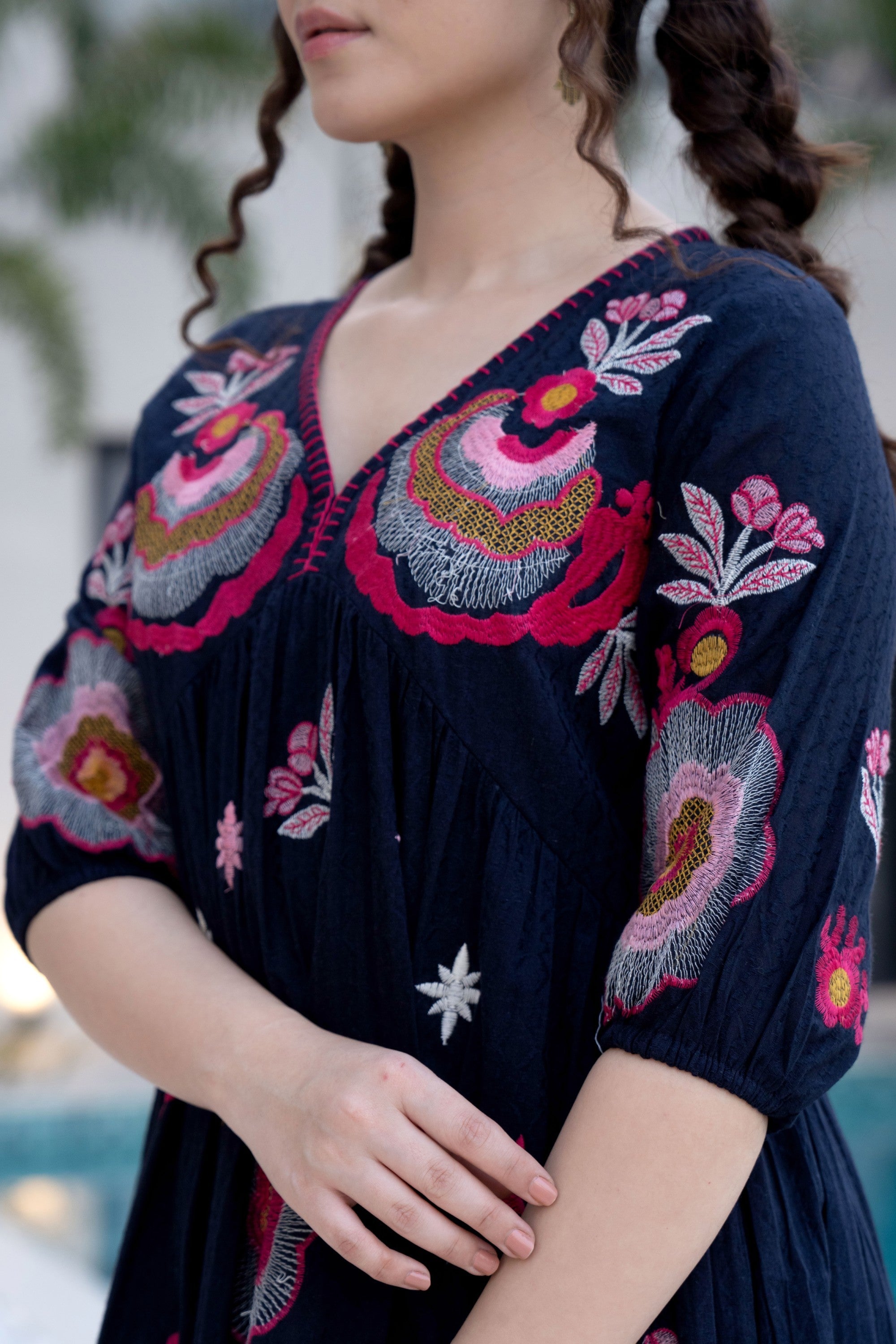 Hemal Azure Cotton Embroidery Dress