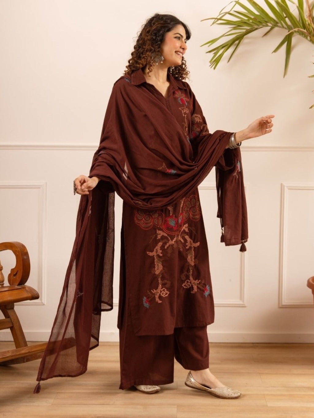 Karen chestnut embroidery cotton suit set