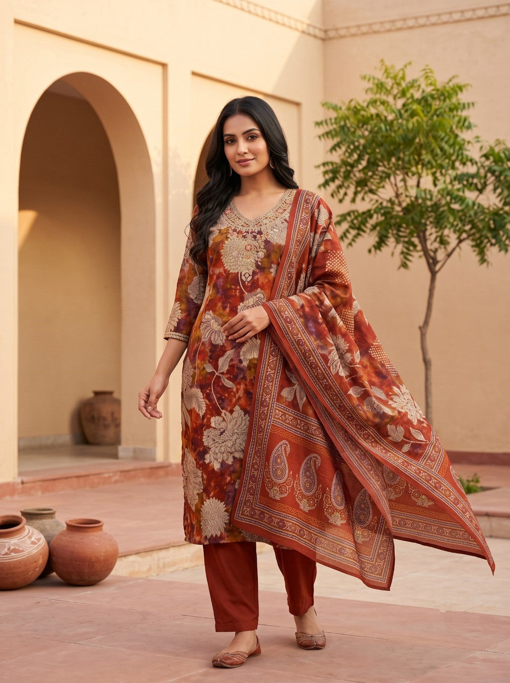 Hitakshi Rust Printed Work Suit Set