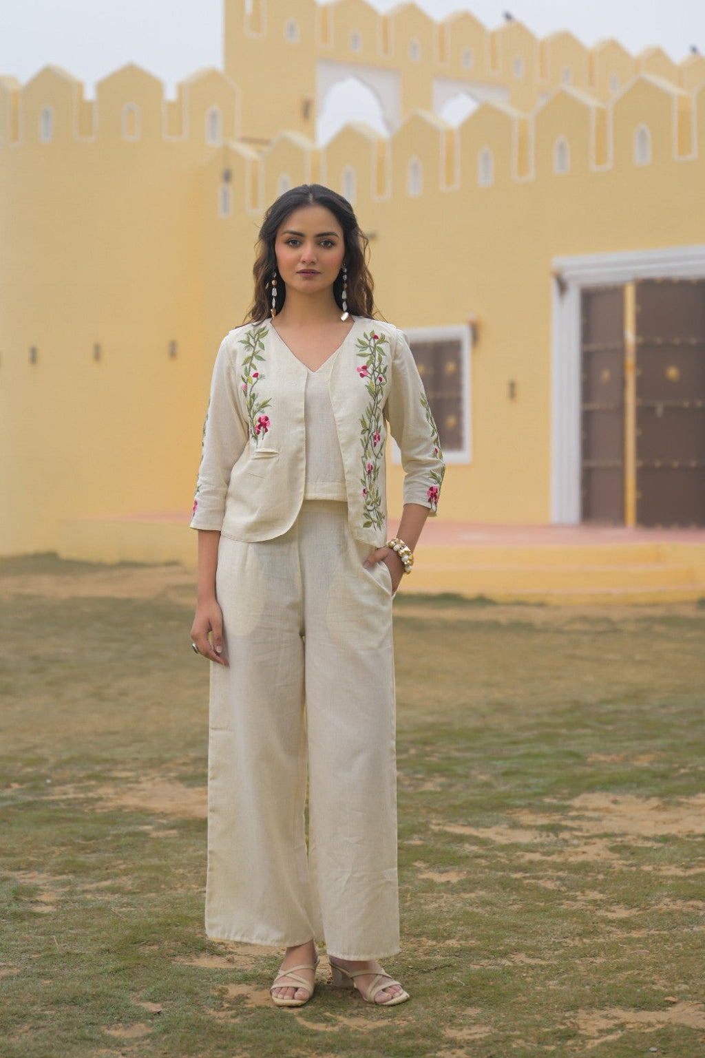 Mayri Pearl embroidery Cotton Jacket Co-ord set