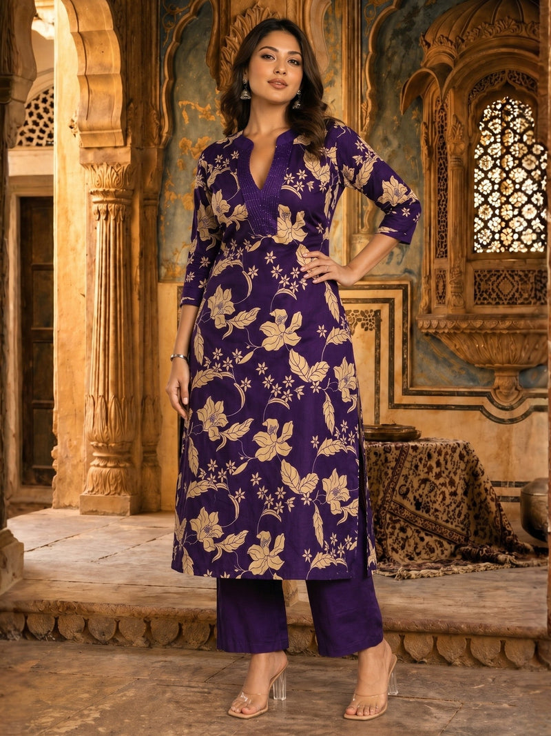 SASHA ORCHID PRINTED COTTON KURTA PANT SET